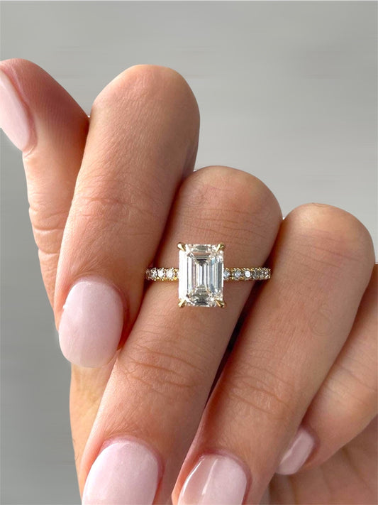 2ct Hidden Halo Emerald cut Moissanite Solitaire