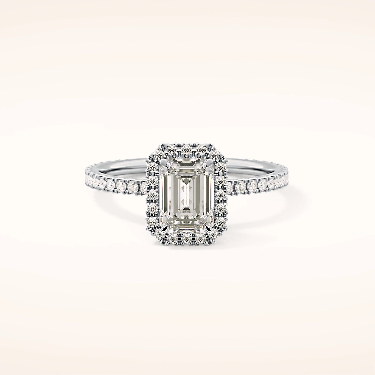 2ct Halo Emerald Moissanite Ring with Pavè Band