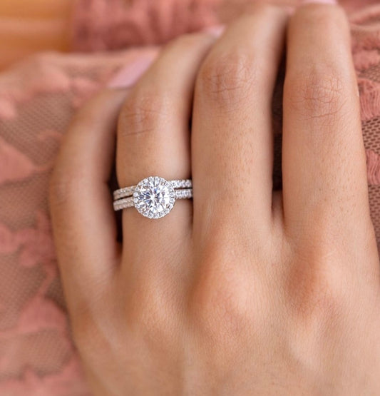 Halo Round Moissanite Ring with Pavè Band