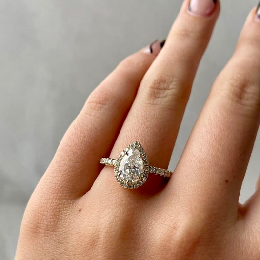 Halo Pear Moissanite Ring with Pavè Band