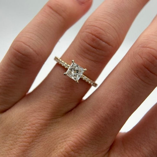 Princess cut Moissanite Ring with Pavè Band