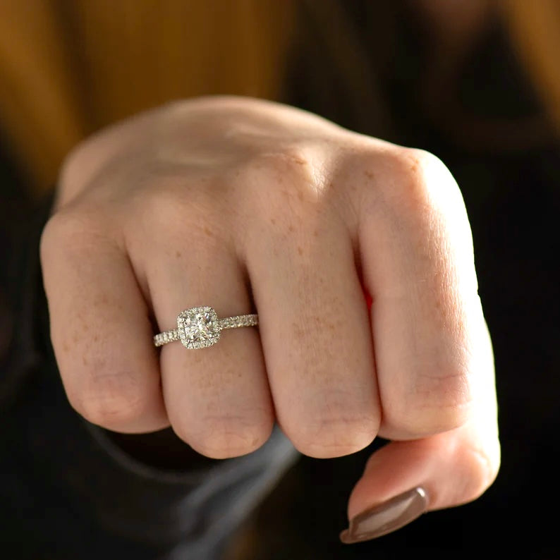 Halo Cushion Lab Grown Diamond Ring with Pavè Band