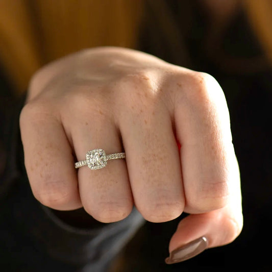 Halo Cushion Moissanite Ring with Pavè Band