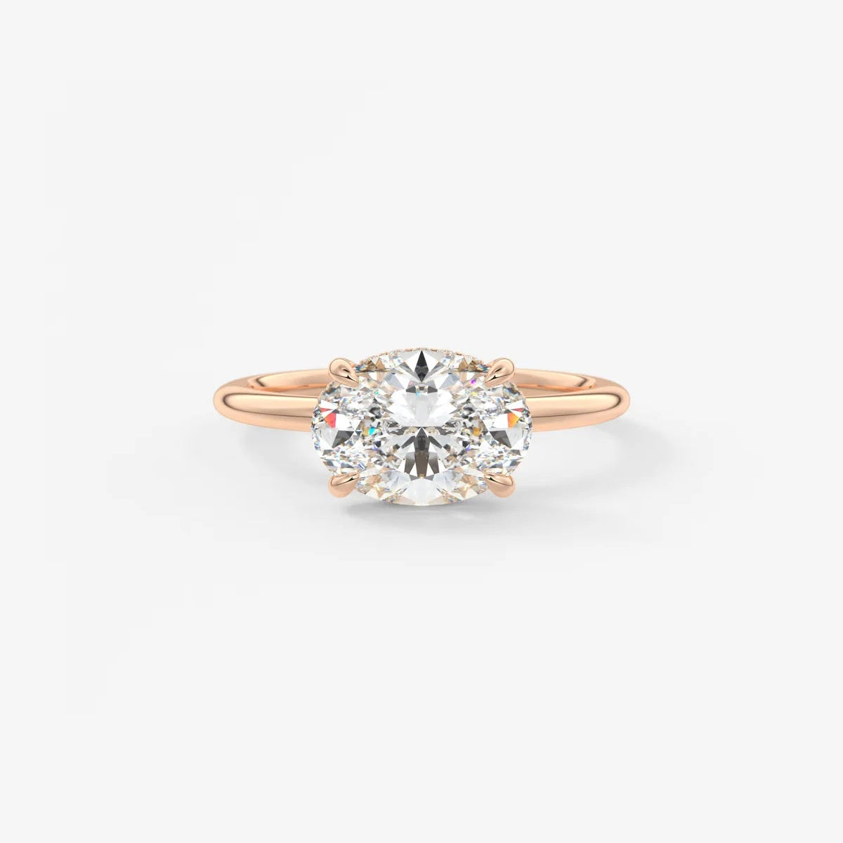 East-West Oval Moissanite Solitaire with Hidden Halo