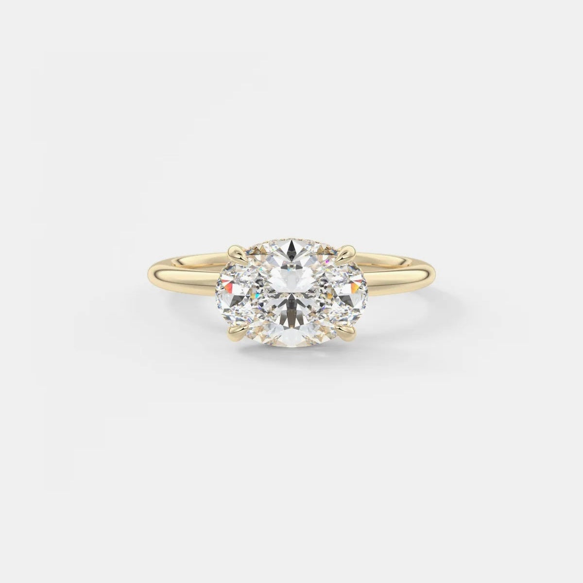 East-West Oval Moissanite Solitaire with Hidden Halo