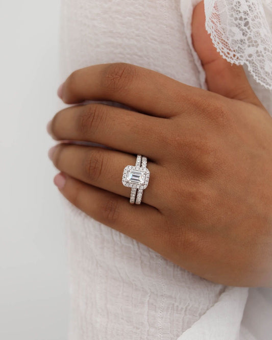 2ct Halo Emerald Moissanite Ring with Pavè Band
