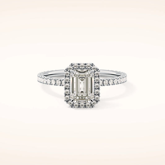 2ct Halo Emerald Moissanite Ring with Pavè Band